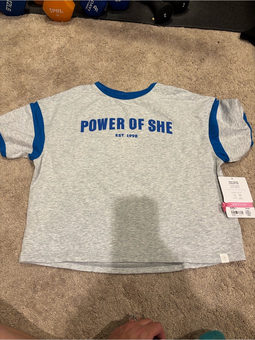 Power of She Kids Ringer Tee - Blue/Gray and hair tie